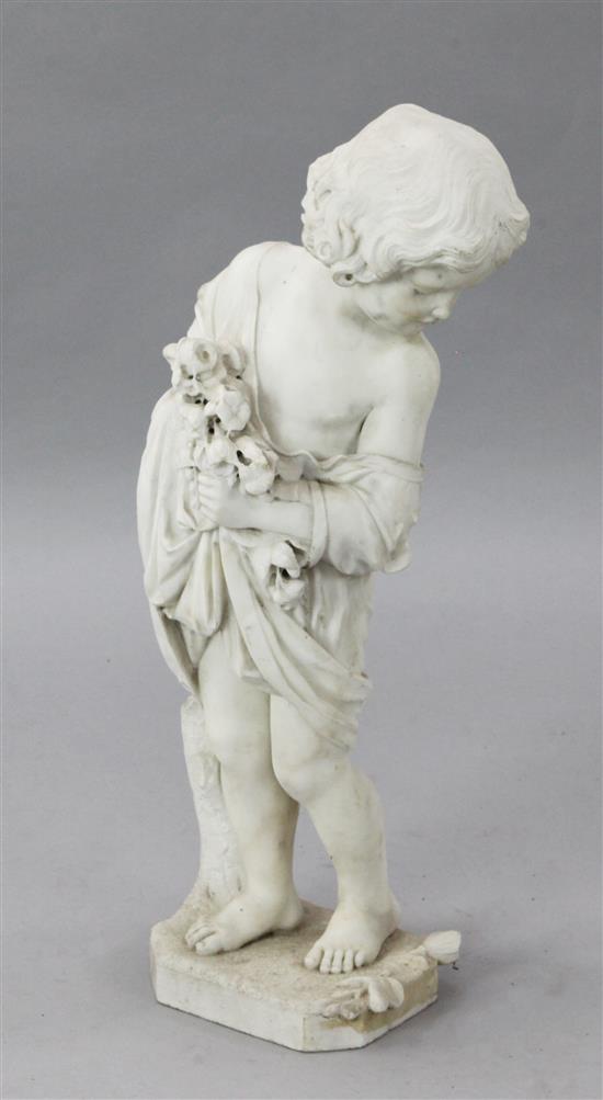 A Victorian white marble figure of a child clutching flowers, H.27in.